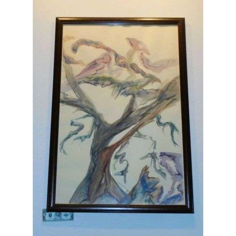 Original abstract watercolor landscape painting of a stylized tree 28x42"